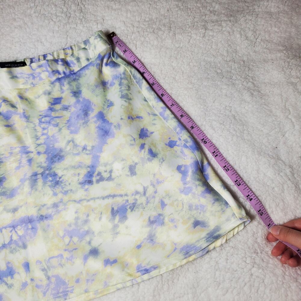 🔥 Zara XS Purple Lilac Yellow White Tie Dye Mini Skirt Satin Viscose Silky - Picture 12 of 15